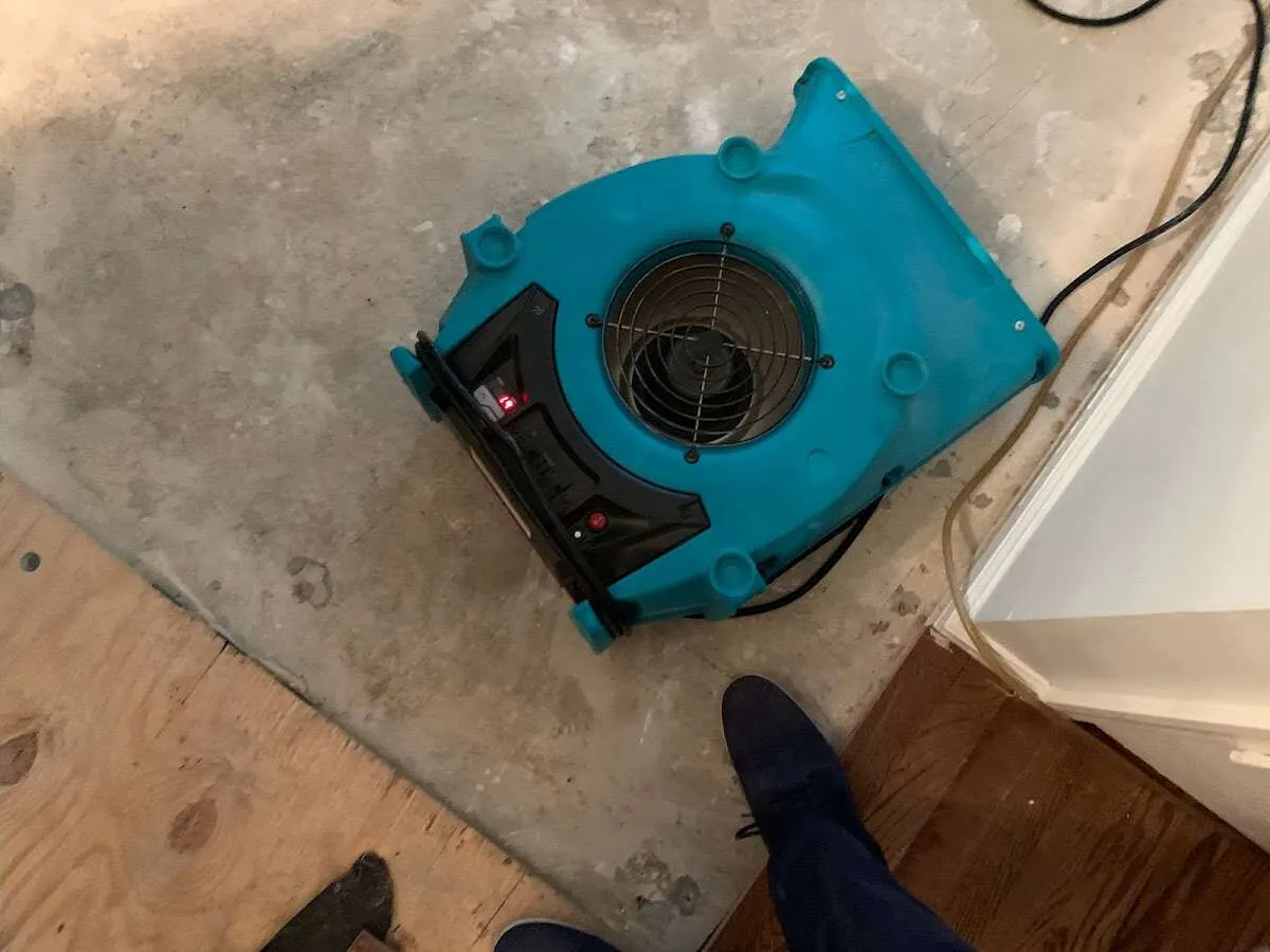 Air mover drying subfloor during Leak Detection & Repair in Medway